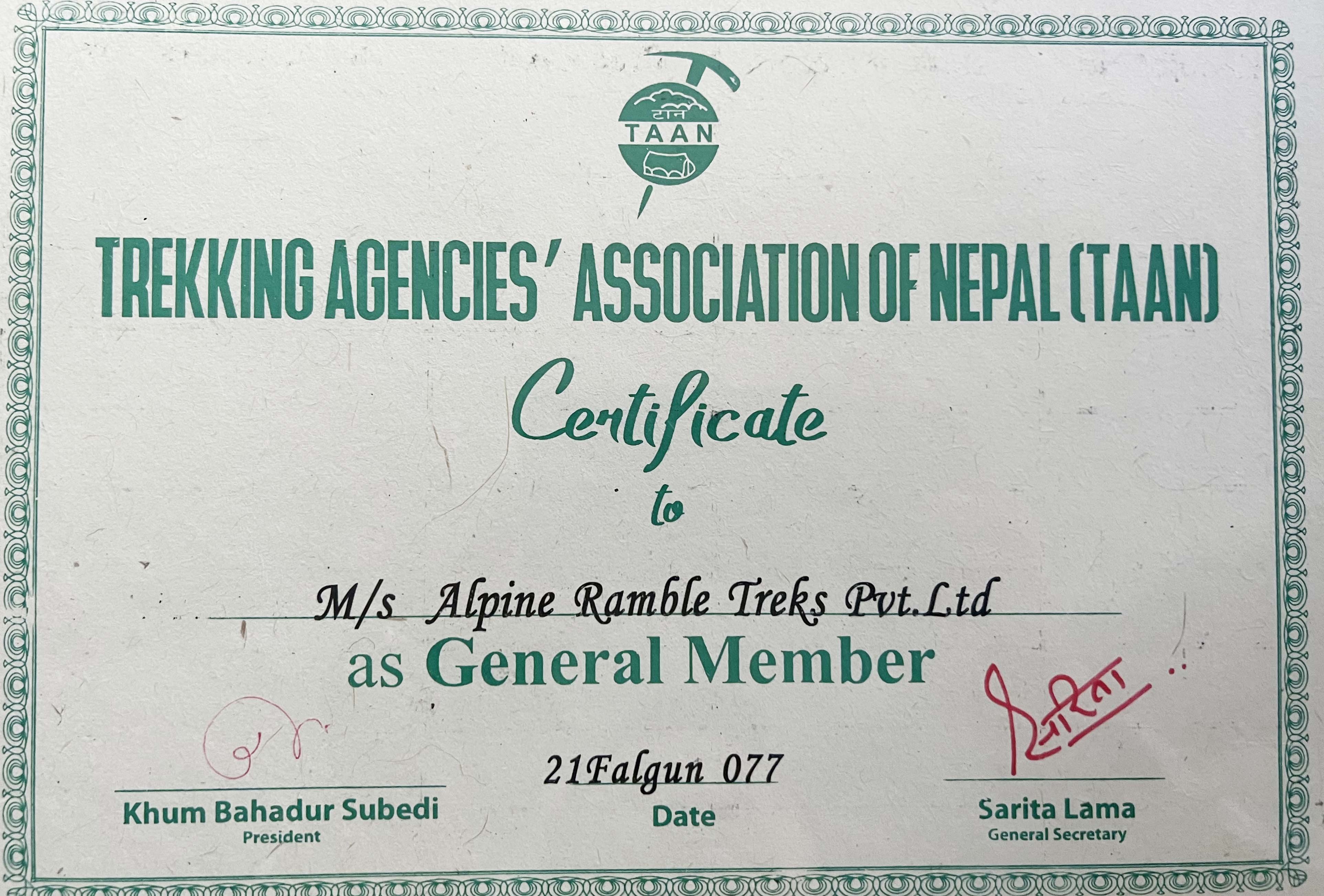 Trekking agencies association of Nepal (TAAN) membership Certificate
