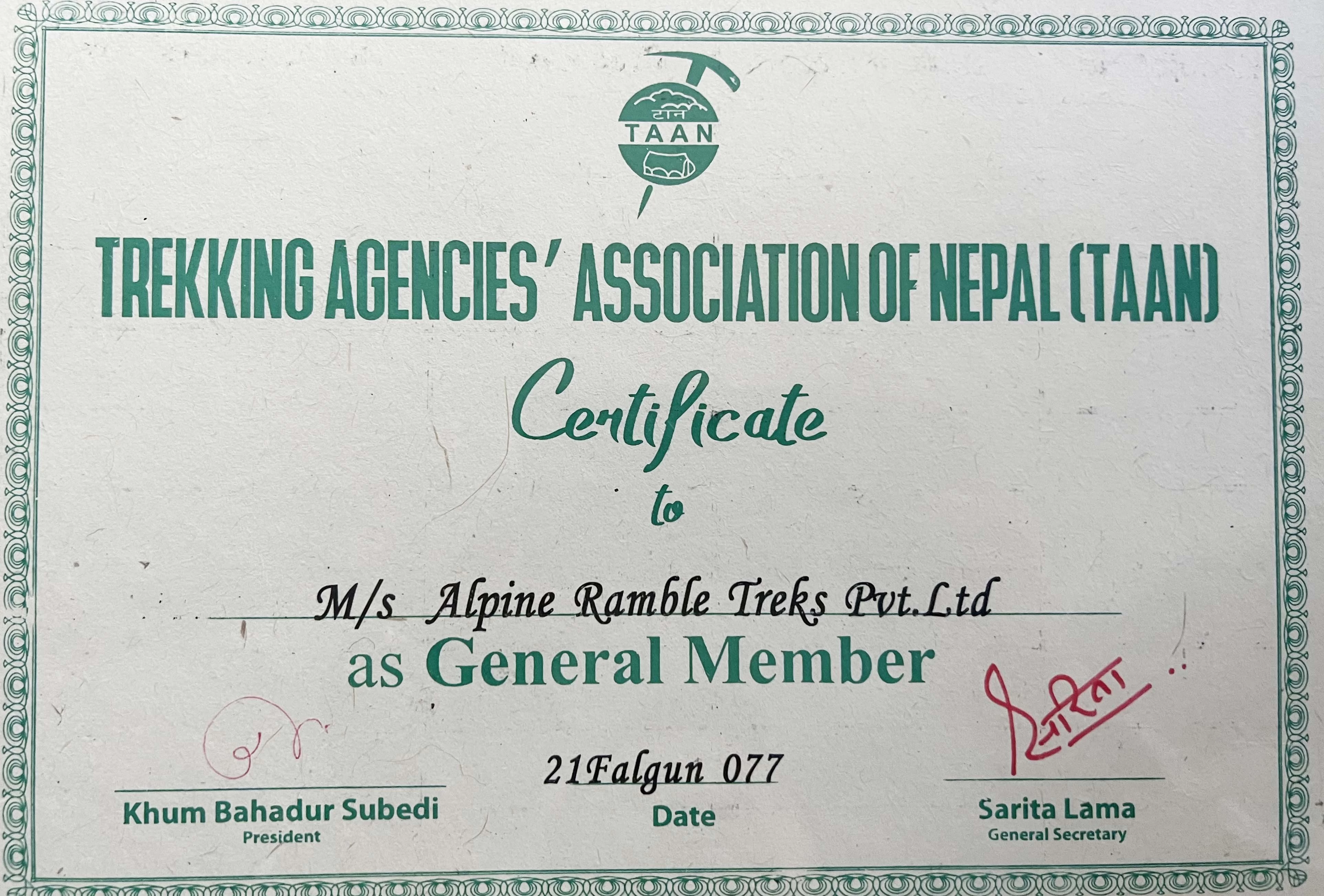 Trekking agencies association of Nepal (TAAN) membership Certificate